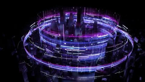 3d render abstract city background with bright digital patterns. Complex deta Ilustración de archivo