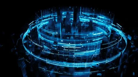 3d render abstract city background with bright digital patterns. Complex deta Ilustración de archivo