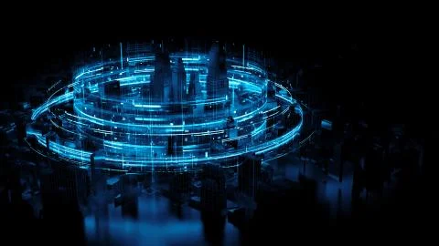 3d render abstract city background with bright digital patterns. Complex deta 스톡 일러스트