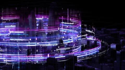 3d render abstract city background with bright digital patterns. Complex deta Stock Illustration
