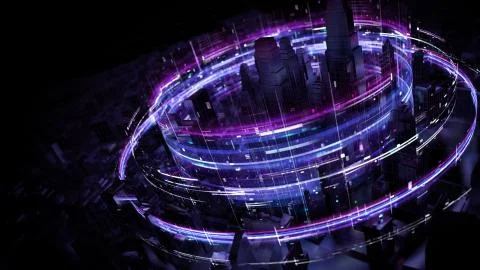 3d render abstract city background with bright digital patterns. Complex deta Ilustración de archivo