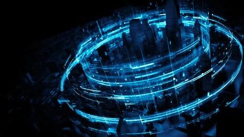 3d render abstract city background with bright digital patterns. Complex deta 스톡 일러스트