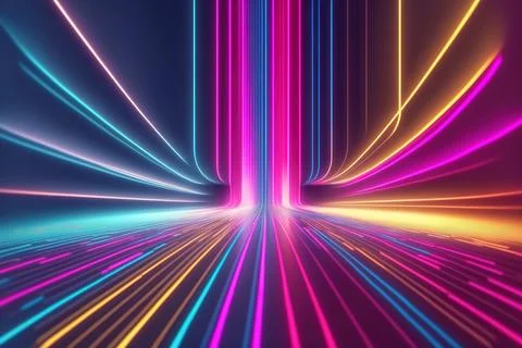 3d render, abstract colorful background, bright neon rays and glowing lines.. Stock Illustration