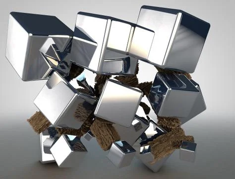 3D Render. Abstract composition of metal polished cubes and pieces of wood Stock Illustration