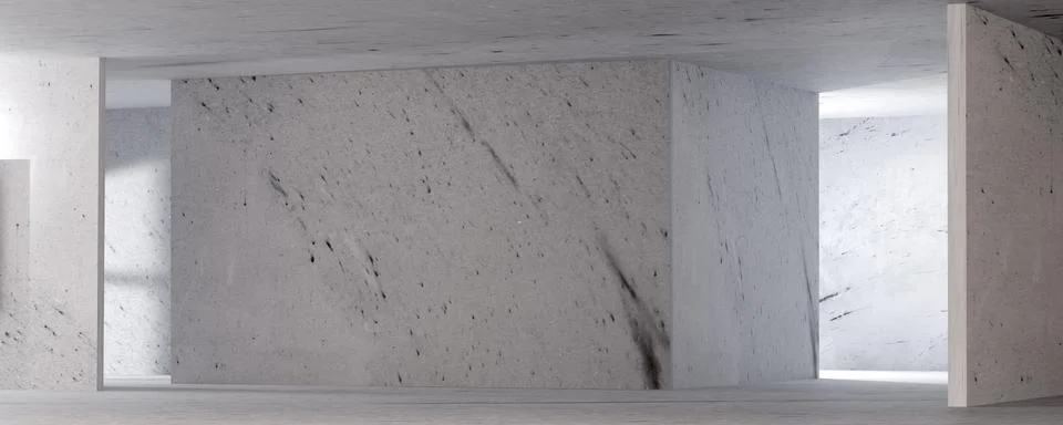 3D render of abstract concrete interior with geometric structures, sunlight.. Foto stock