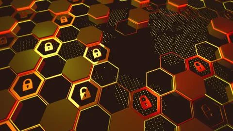 3d render. Abstract crypto cyber security technology on global network Stock Illustration