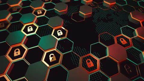 3d render. Abstract crypto cyber security technology on global network Stock Illustration