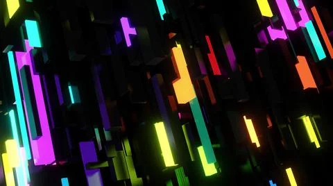 3d render. Abstract dark background neon cubes light bulbs. Visualisation of Illustrazione stock
