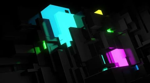 3d render. Abstract dark background neon cubes light bulbs. Visualisation of 스톡 일러스트