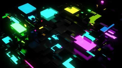 3d render. Abstract dark background neon cubes light bulbs. Visualisation of Stock Illustration