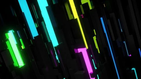 3d render. Abstract dark background neon cubes light bulbs. Visualisation of Stock Illustration