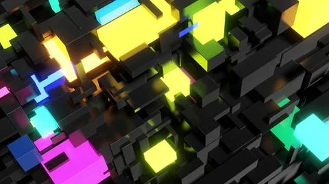 3d render. Abstract dark background neon cubes light bulbs. Visualisation of 스톡 일러스트