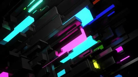 3d render. Abstract dark background neon cubes light bulbs. Visualisation of Stock Illustration