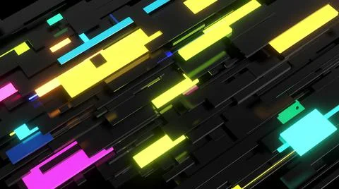 3d render. Abstract dark background neon cubes light bulbs. Visualisation of Illustrazione stock
