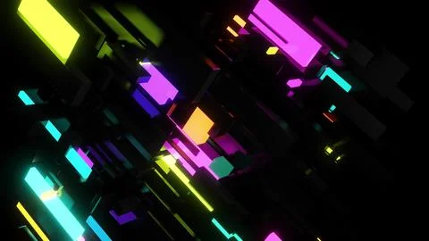 3d render. Abstract dark background neon cubes light bulbs. Visualisation of Stock Illustration