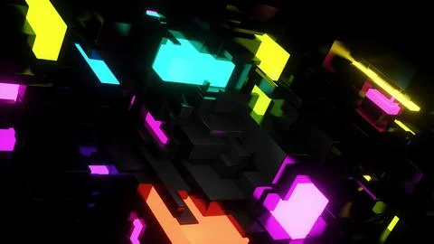 3d render. Abstract dark background neon cubes light bulbs. Visualisation of 스톡 일러스트