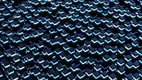 3d render. Abstract dark background waves of cubes on plane, neon lights. Grid Stock Illustration