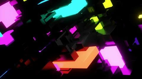 3d render. Abstract dark background neon cubes light bulbs. Visualisation of Illustrazione stock
