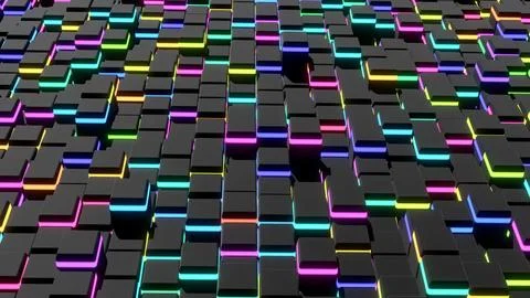 3d render. Abstract dark background of cubes on plane and neon lights. Grid of Stock Illustration