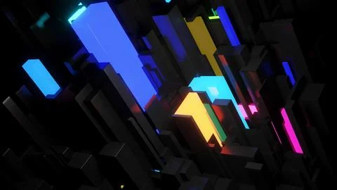 3d render. Abstract dark background neon cubes light bulbs. Visualisation of Illustrazione stock