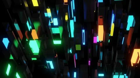 3d render. Abstract dark background neon cubes light bulbs. Visualisation of 스톡 일러스트