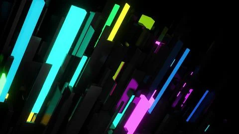 3d render. Abstract dark background neon cubes light bulbs. Visualisation of Stock Illustration