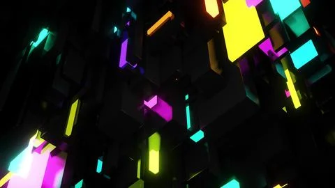 3d render. Abstract dark background neon cubes light bulbs. Visualisation of Illustrazione stock