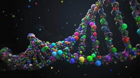 3d render abstract DNA strand made of spheres. Complex gene concept made of g Stock Illustration