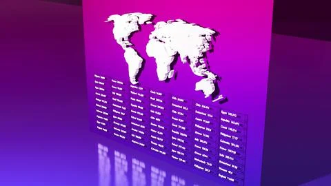 3d render. Abstract economical background with information board and world map Illustrazione stock