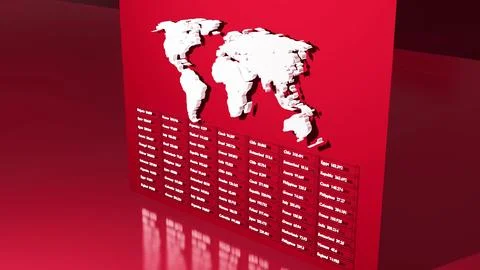 3d render. Abstract economical background with information board and world map Stockillustratie