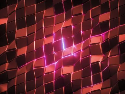3d render, abstract faceted background, red glowing neon light, square tiles Illustrazione stock