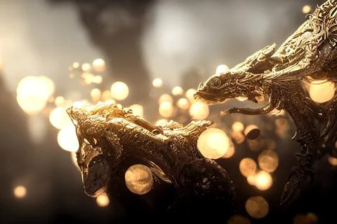 3d render Abstract fantasy background with golden, shiny metallic dragon texture Stock Illustration