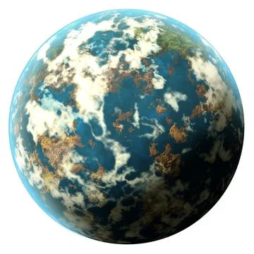 A 3D render of an abstract fantasy planet shrouded in clouds on an isolated w Stock Illustration