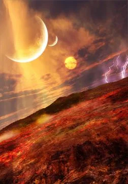 A 3D render of an abstract fantasy planet with three suns in the sky during a Stock Illustration