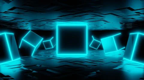 3d render, abstract fashion background, blue glowing neon cubes Stock Illustration
