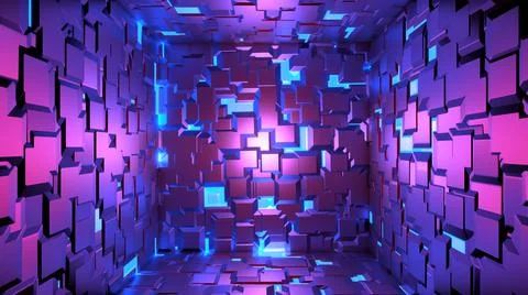 3d render, abstract fashion background, blue purple glowing neon cubes Stock Illustration