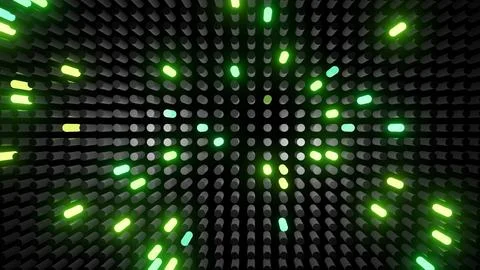 3d render. Abstract festive bg with rows of cylinders on plane flashing neon Illustrazione stock