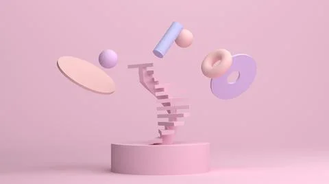 3d render, abstract Flying shapes in motion. Spheres, torus, tubes, stairs in Stock Illustration