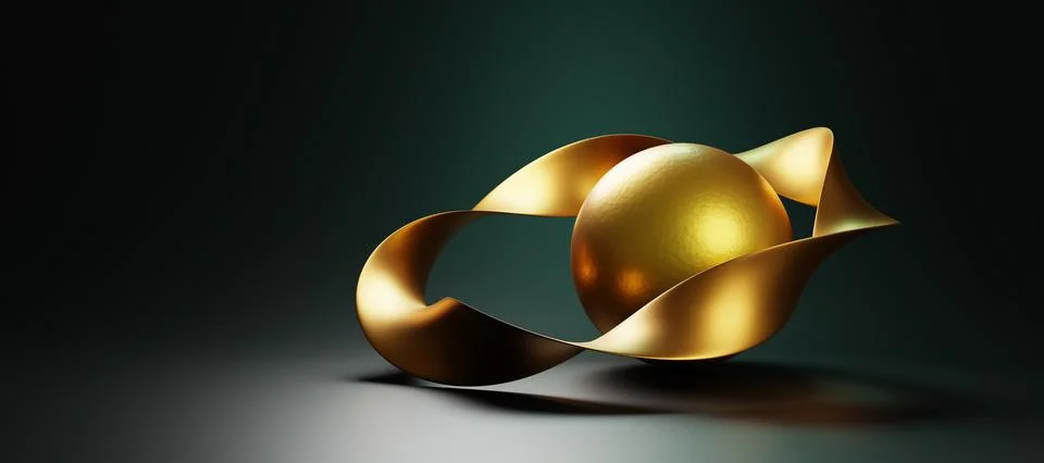 3d render, abstract futuristic background with gold sphere and ring in shape Illustrazione stock