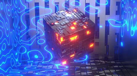 3D Render. Abstract futuristic geometric shapes background. Cyberpunk 스톡 일러스트