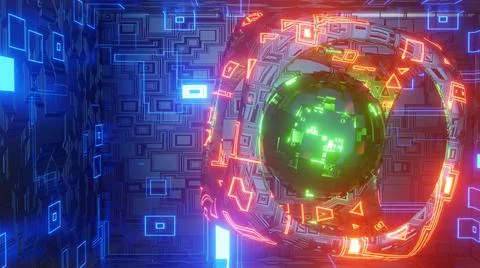 3D Render. Abstract futuristic geometric shapes background. Cyberpunk 스톡 일러스트