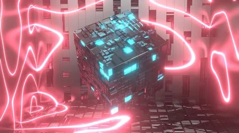 3D Render. Abstract futuristic geometric shapes background. Cyberpunk Stock Illustration