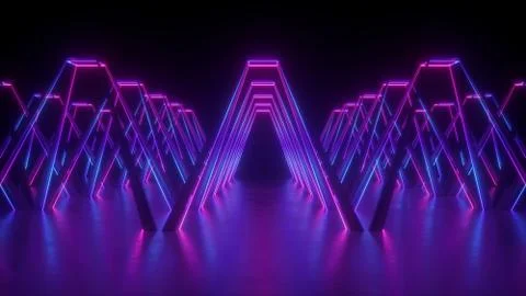 3d render, abstract futuristic neon background, glowing violet lines, tunnel Stock Illustration