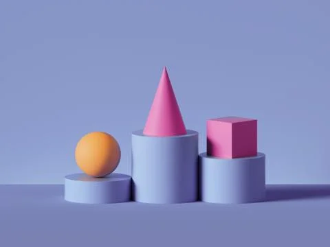 3d render, abstract geometric background. Yellow ball, pink cone, pink cube Illustrazione stock