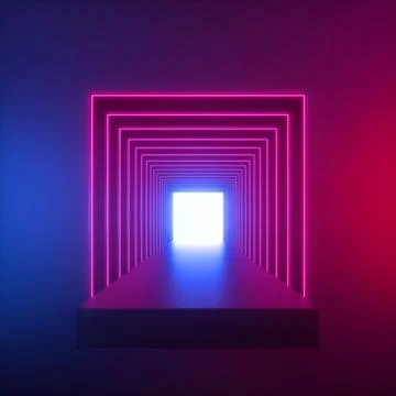 3d render, abstract geometric background, red blue neon light, long tunnel イラスト素材