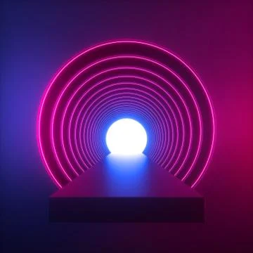 3d render, abstract geometric background, red blue neon light, long tunnel Stock Illustration