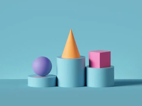 3d render, abstract geometric background. Violet ball, yellow cone, pink cube Illustrazione stock