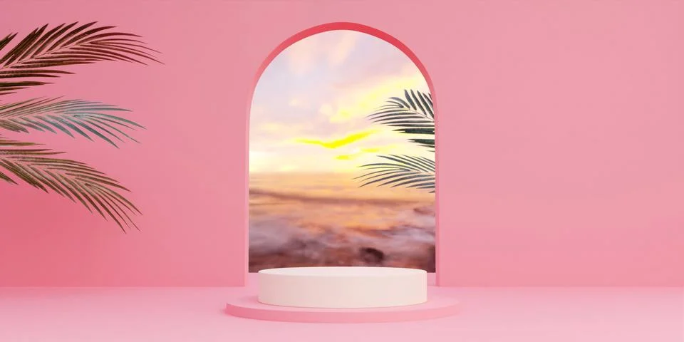 3d render, abstract geometric shape pastel pink , summer scene minimal design Stock Illustration