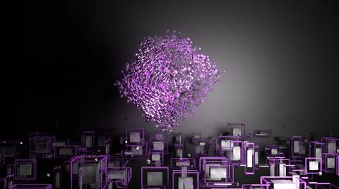 3d render. Abstract geometric shapes. Rotating objects purple color Stock Illustration