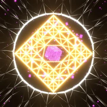 3d render. Abstract geometric shapes. Rotating objects gold purple color Stock Illustration